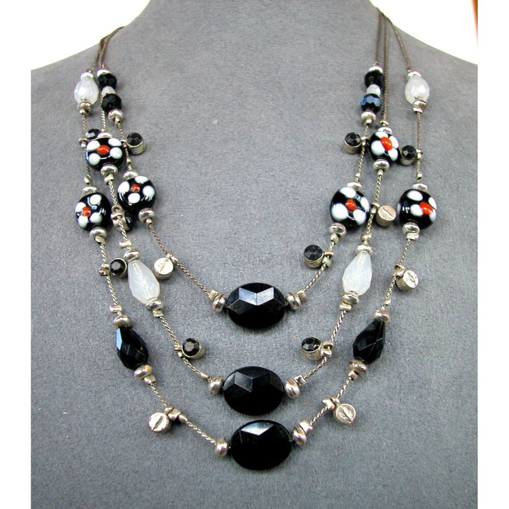 Black Multi-Strand Necklace With Faceted Beads Floral Accents & Silver-Tone Chai
